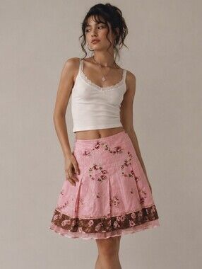 Vintage Y2K Kenzie 100% Silk Floral Layered Skirt Size 12 Pink Fairycore